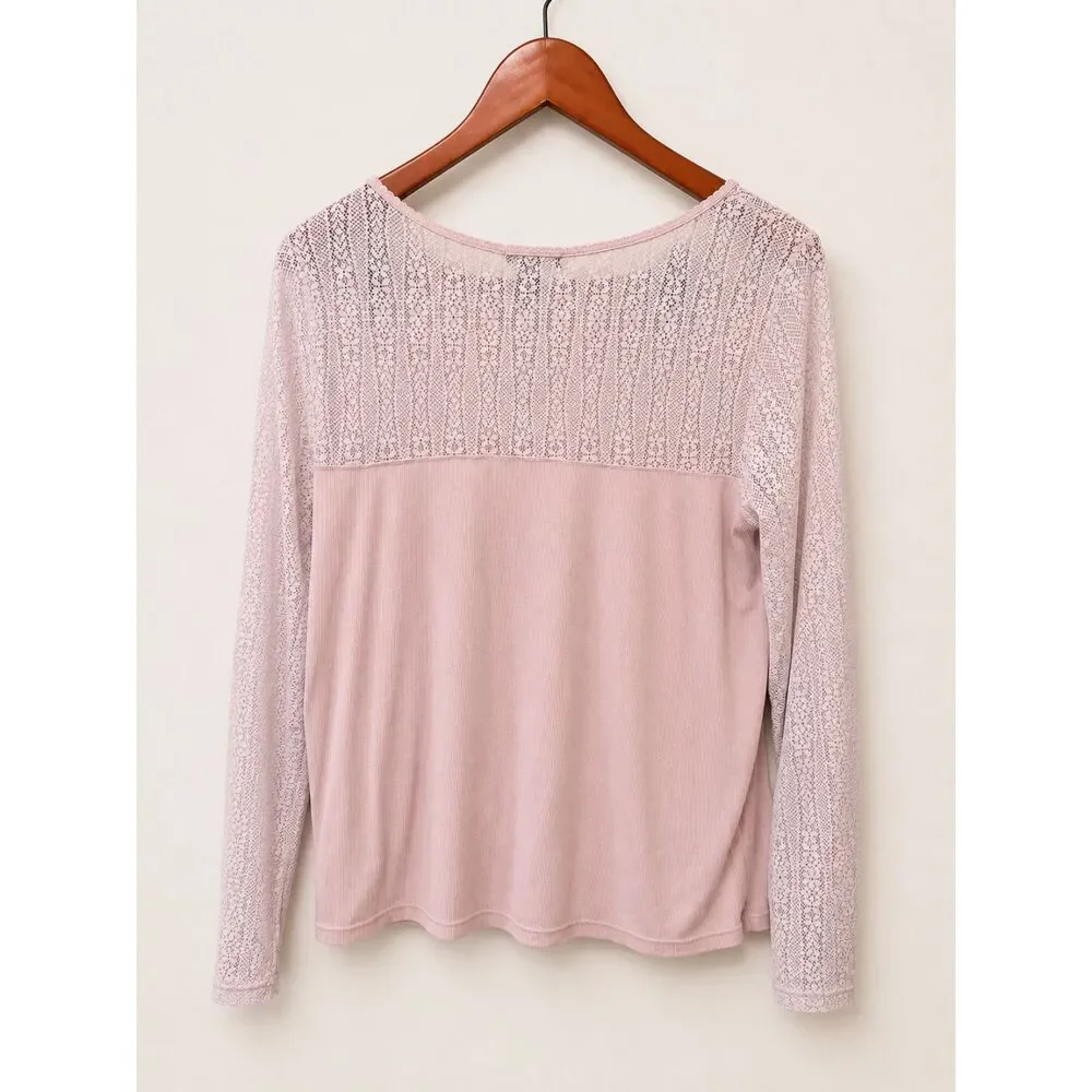 H&M Women Size M Soft Blush Pink Lace Yoke Henley Top Romantic Coquette Pullover